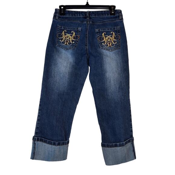 SOUTHPOLE WOMENS 9 BLUE DENIM CAPRI‎ CUFFED EMBELLISHED CITY HIP HOP FESTIVAL - Picture 1 of 8